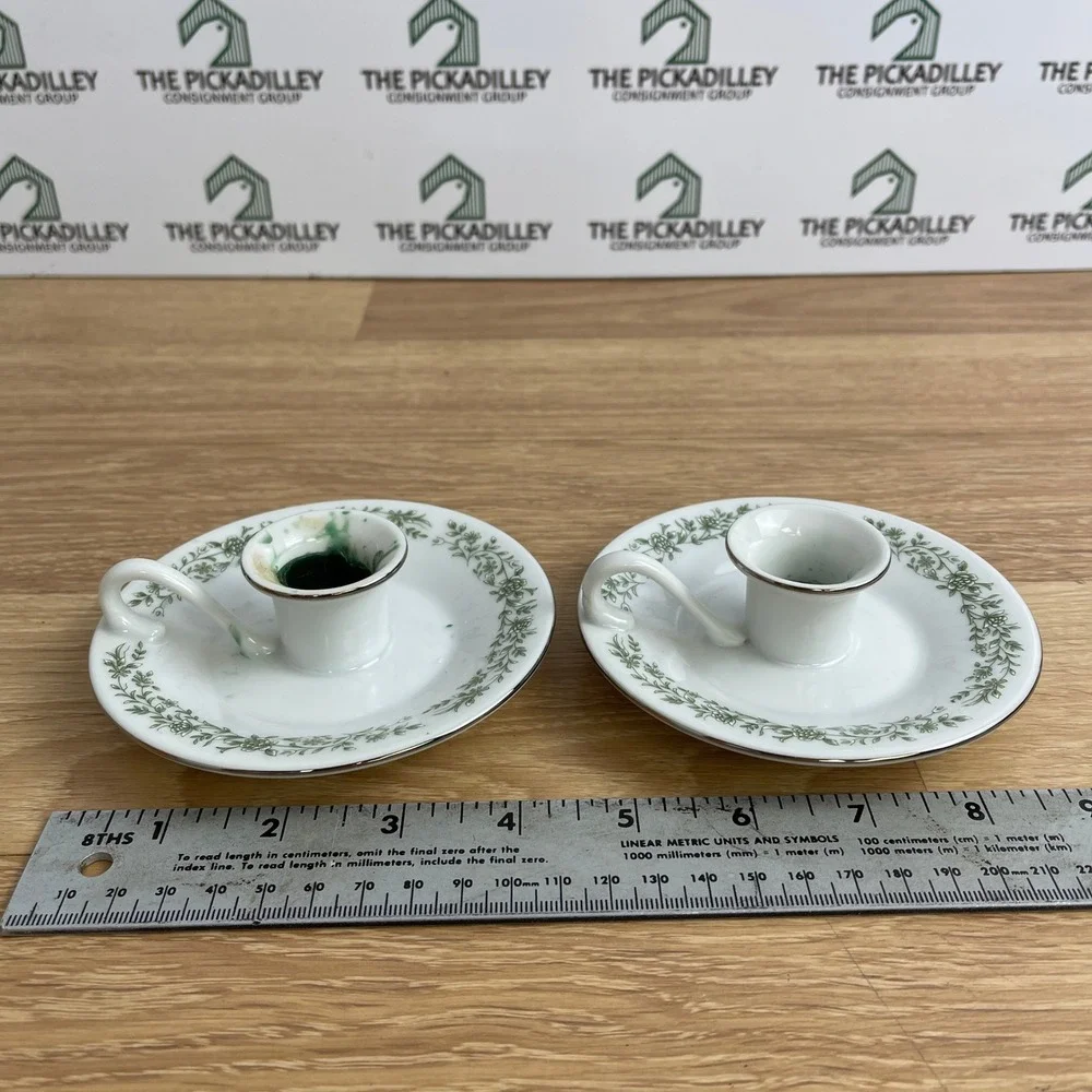 Mikasa G9059 Fine China Finger Loop Candle Holders Green Floral Japan Set of 2